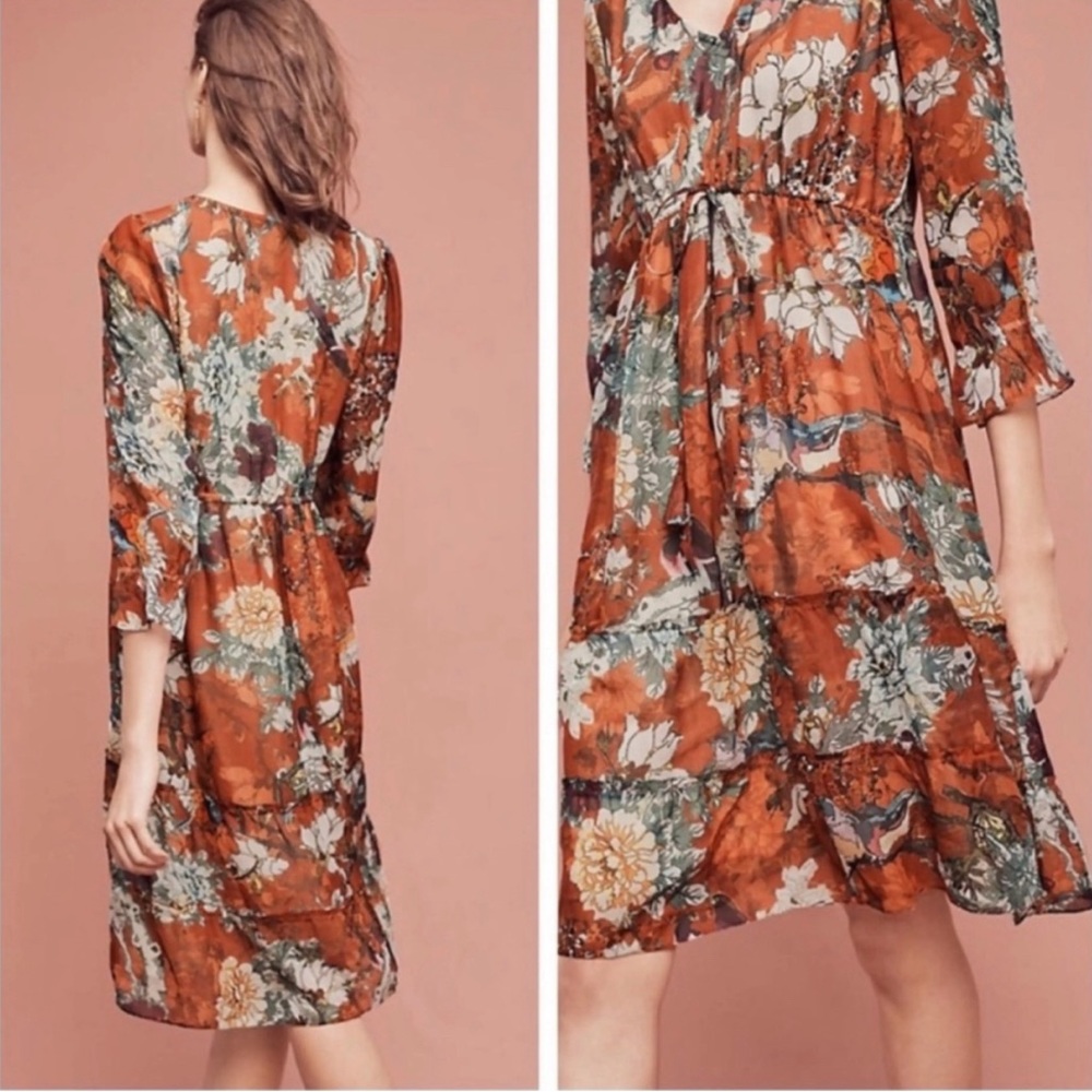 Hemant & Nandita Anthropologie Zeri Peasant Dress Bird Floral Size 2